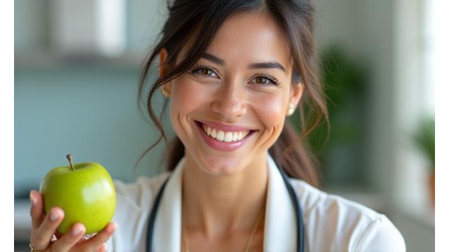 A professional portrait of a smiling female nutritionist holding a fresh green apple, conveying expertise and warmth.