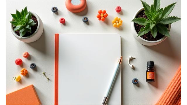 A compilation of various small healthy food items, exercise accessories, and mindfulness symbols arranged neatly, suggesting diverse health tips.