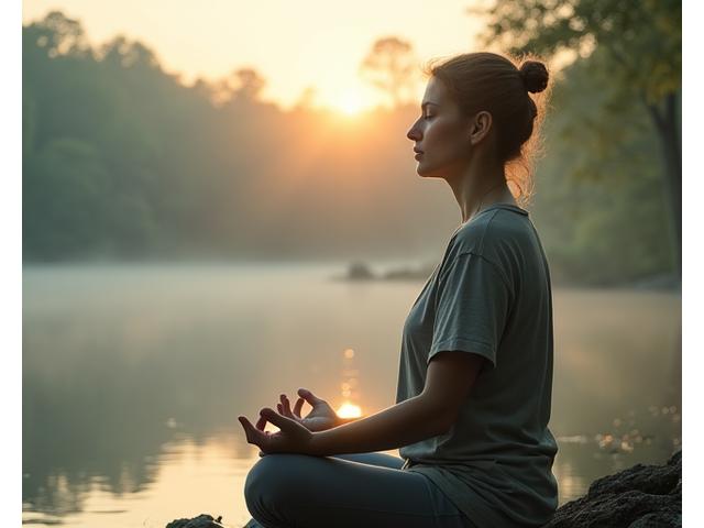 A serene person meditating in a peaceful natural setting, symbolizing mental calm and mindfulness.