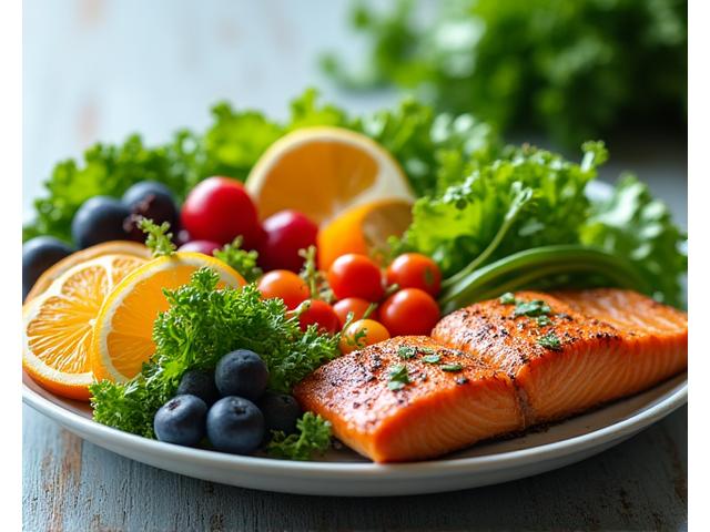 A colorful plate filled with fresh, whole foods like leafy greens, fruits, and lean protein, representing healthy nutrition.
