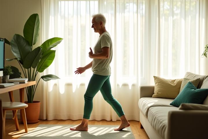 Busy professional doing light stretches at a standing desk, integrating movement into daily routine