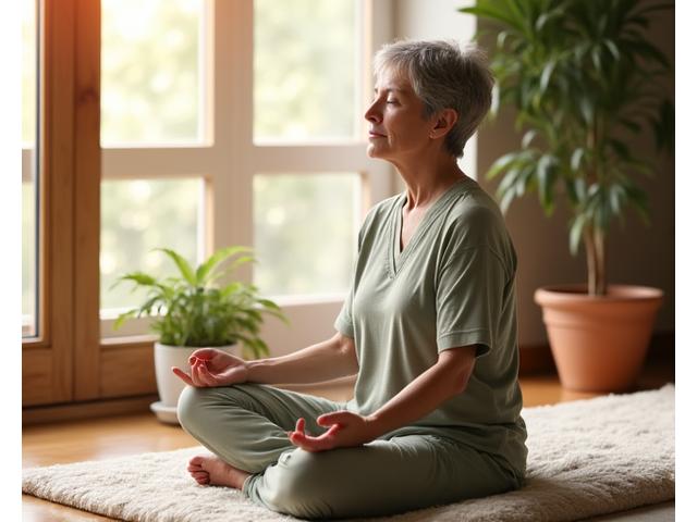 A serene woman in her 40s meditating peacefully in a sunlit, modern space, embodying mental clarity and calm.