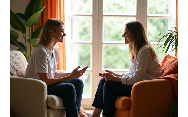 A coach and client calmly discussing in a bright, comfortable setting, symbolizing personalized guidance.
