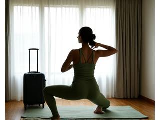 A compact yoga sequence being performed in a hotel room, suitable for business travelers.