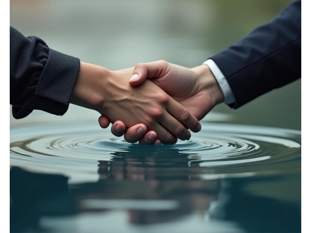 Two hands gently shaking over a stylized, calm pool of water, symbolizing mediation and peaceful resolution.